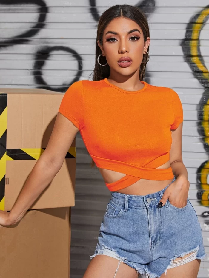 SHEIN Neon Orange Cutout Waist Crop Tee