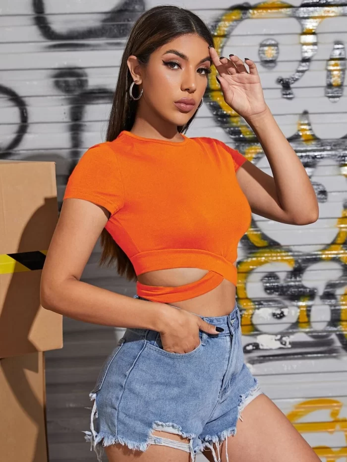 SHEIN Neon Orange Cutout Waist Crop Tee - Image 5
