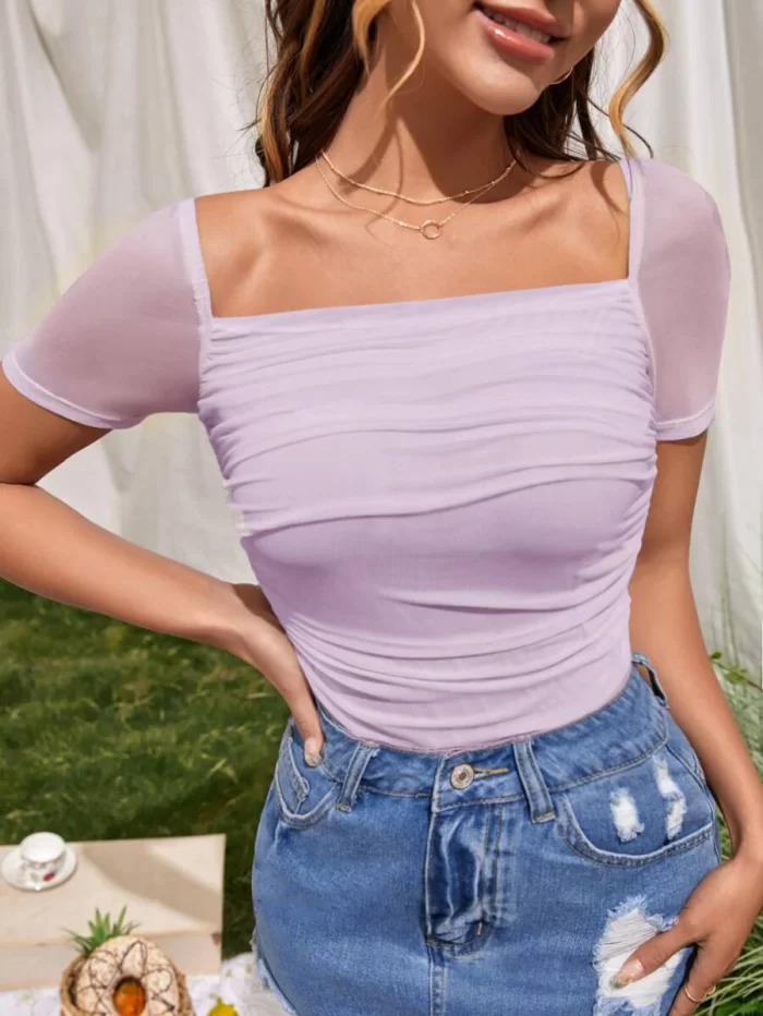 SHEIN Square Neck Mesh Sleeve Ruched Tee