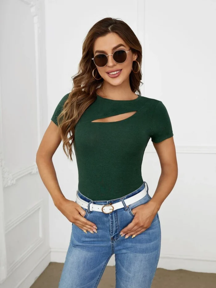 SHEIN Cut Out Front Ribbed Knit Tee