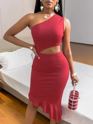 One Shoulder Cut Out Ruffle Asymmetrical Hem Dress