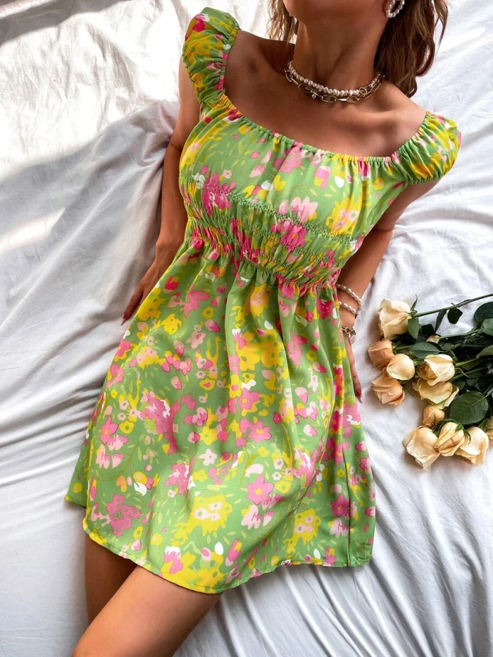 Floral Print Shirred Waist Two Way Dress - Image 3