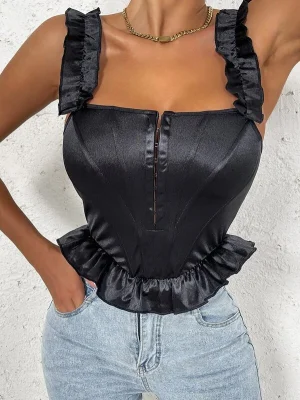 Ruffle Trim Hook and Eye Satin Top