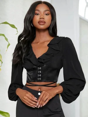 SHEIN Ruffle Trim Crisscross Tie Back Hook And Eye Crop Chiffon Top