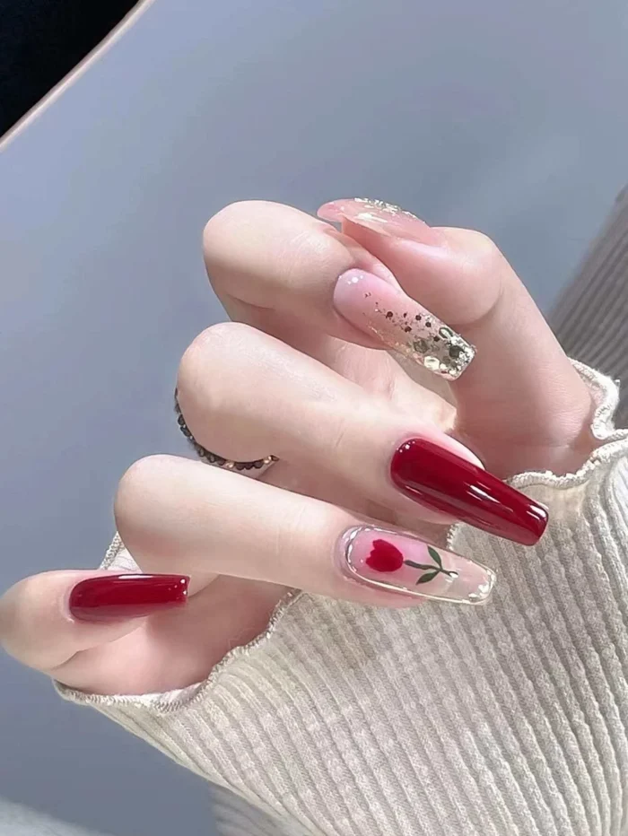 24pcs Long Coffin Flower Pattern Fake Nail & 1pc Nail File & 1sheet Nail Tape