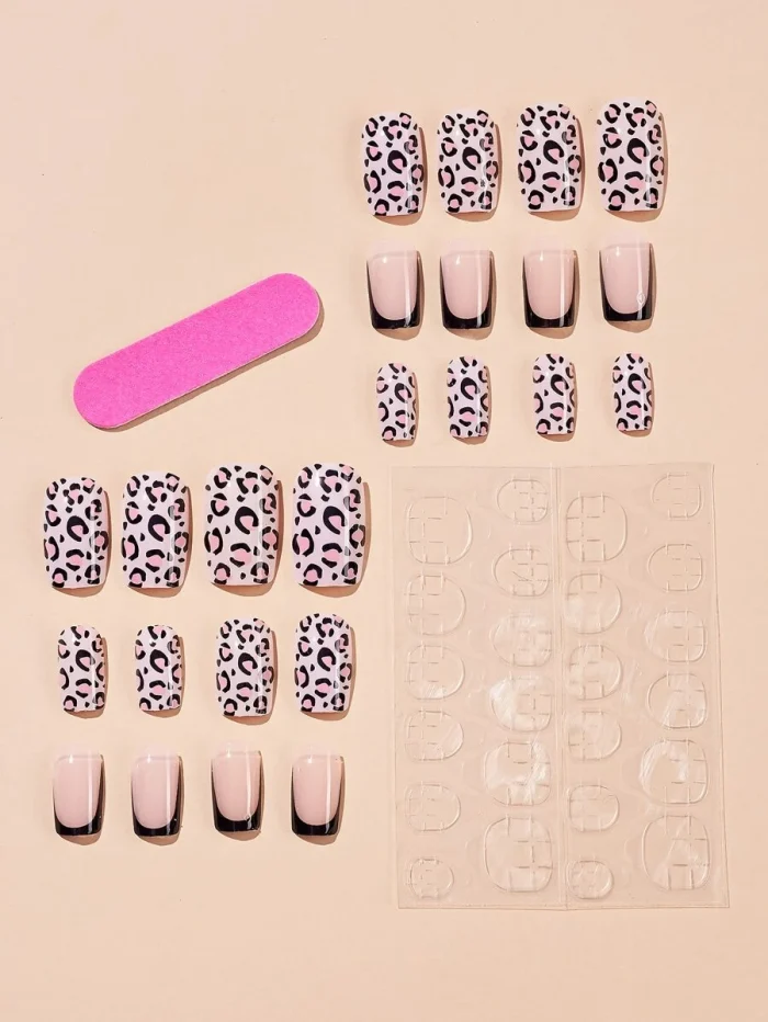 24pcs Long Square Leopard Print Fake Nail & 1pc Nail File & 1sheet Tape - Image 2