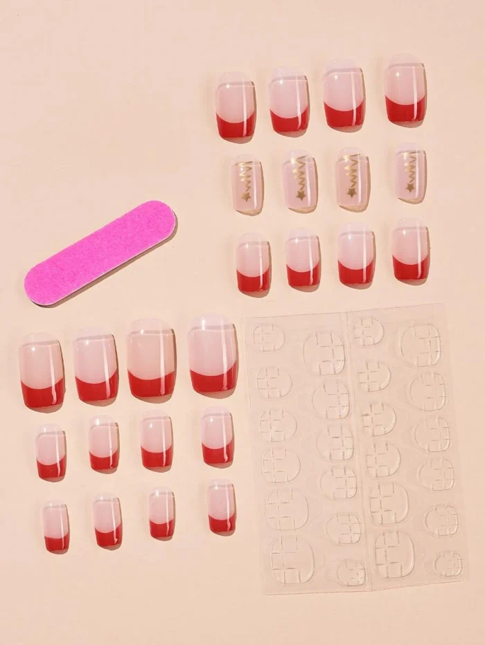 Christmas 24pcs Long Square Tree Pattern Fake Nail & 1pc Nail File & 1pc Nail Tape - Image 2