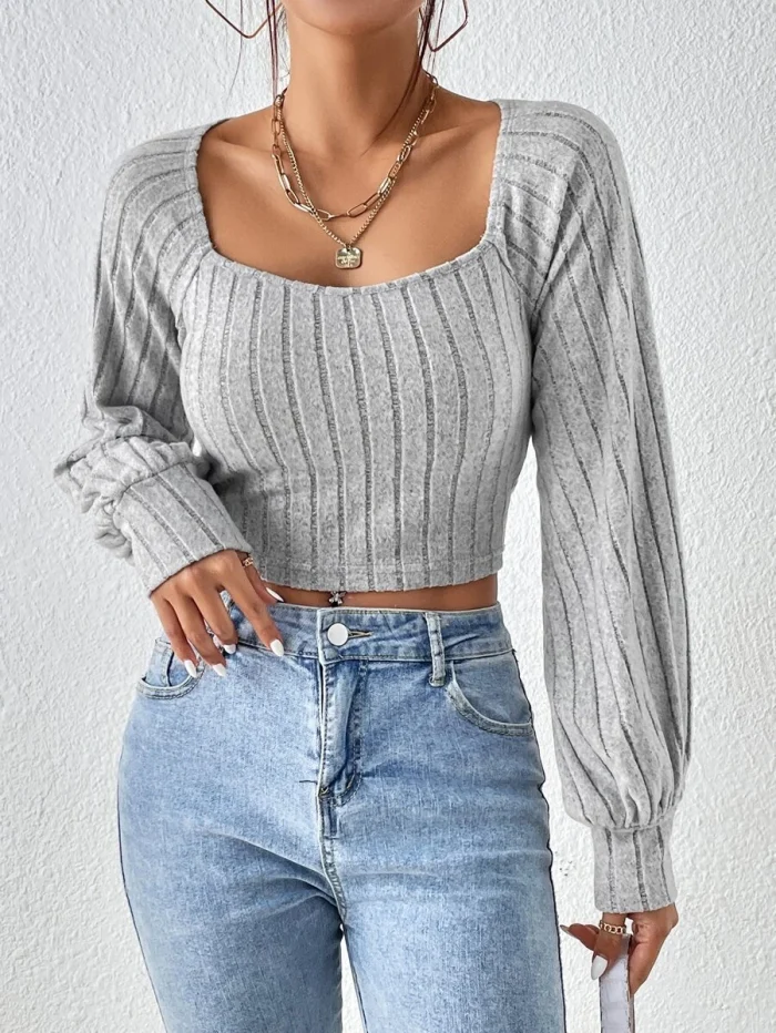 Off Shoulder Ribbed Knit Crop Tee - Image 3