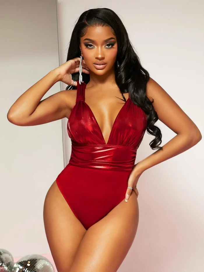 SHEIN SXY Backless Ruched PU Leather Bodysuit