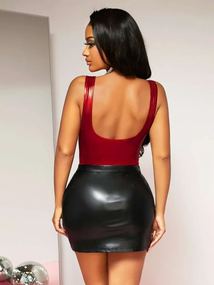 SHEIN SXY Backless Ruched PU Leather Bodysuit - Image 2