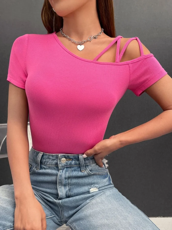 SHEIN EZwear Solid Asymmetrical Neck Tee - Image 4