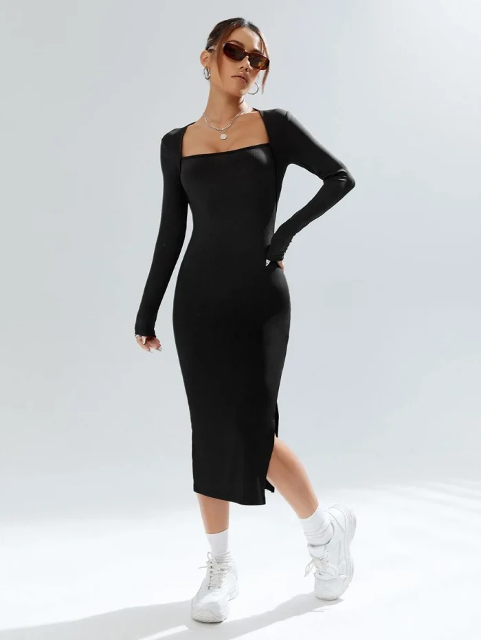 SHEIN EZwear Square Neck Split Hem Bodycon Dress