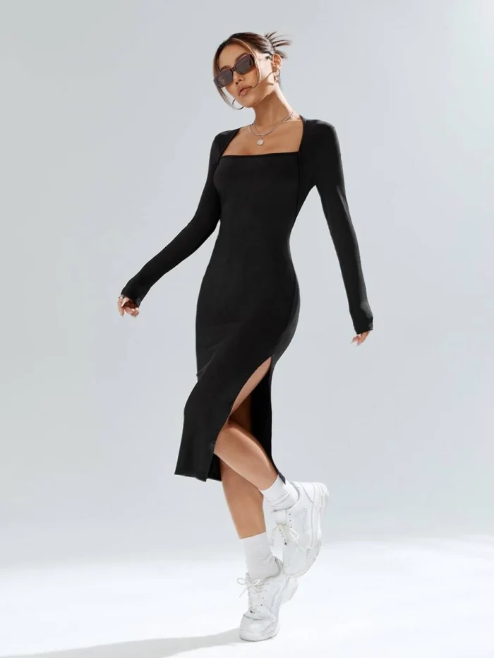 SHEIN EZwear Square Neck Split Hem Bodycon Dress - Image 3