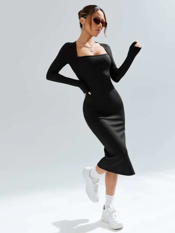 SHEIN EZwear Square Neck Split Hem Bodycon Dress - Image 4