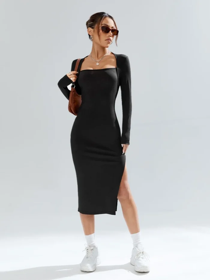SHEIN EZwear Square Neck Split Hem Bodycon Dress - Image 5