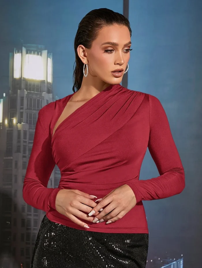 SHEIN Solid Ruched Asymmetrical Neck Tee - Image 5