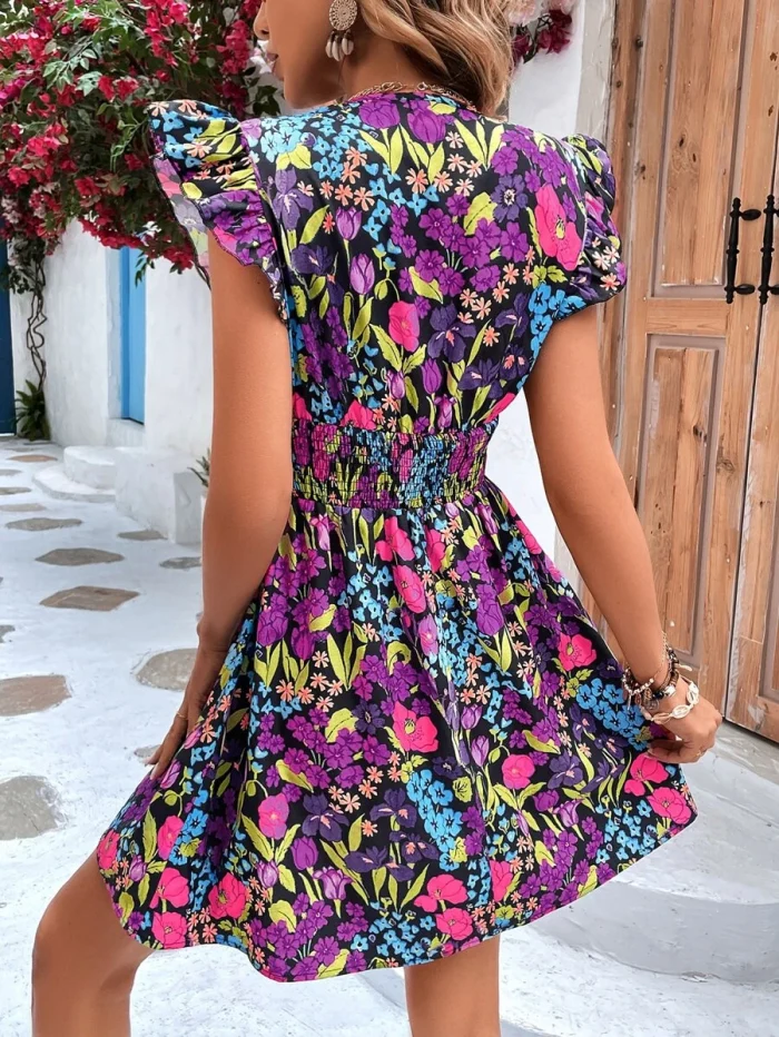 Allover Floral Print Ruffle Trim Dress - Image 2