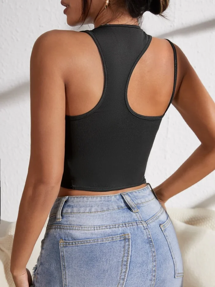 Asymmetrical Neck Patch Detail Racerback Crop Top - Image 2
