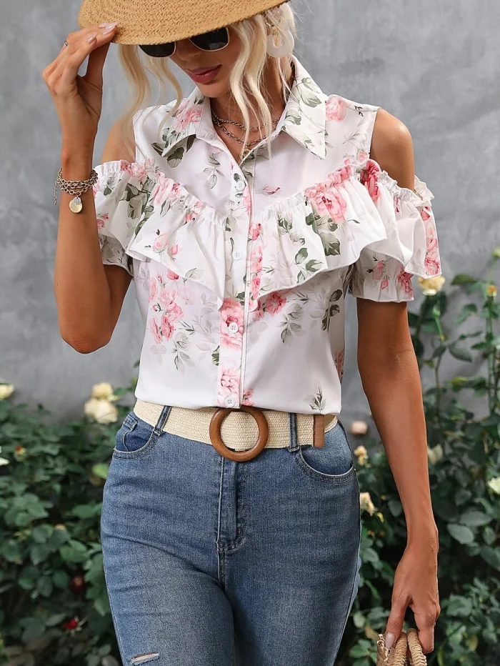 Floral Print Cold Shoulder Ruffle Trim Cold Shoulder Shirt