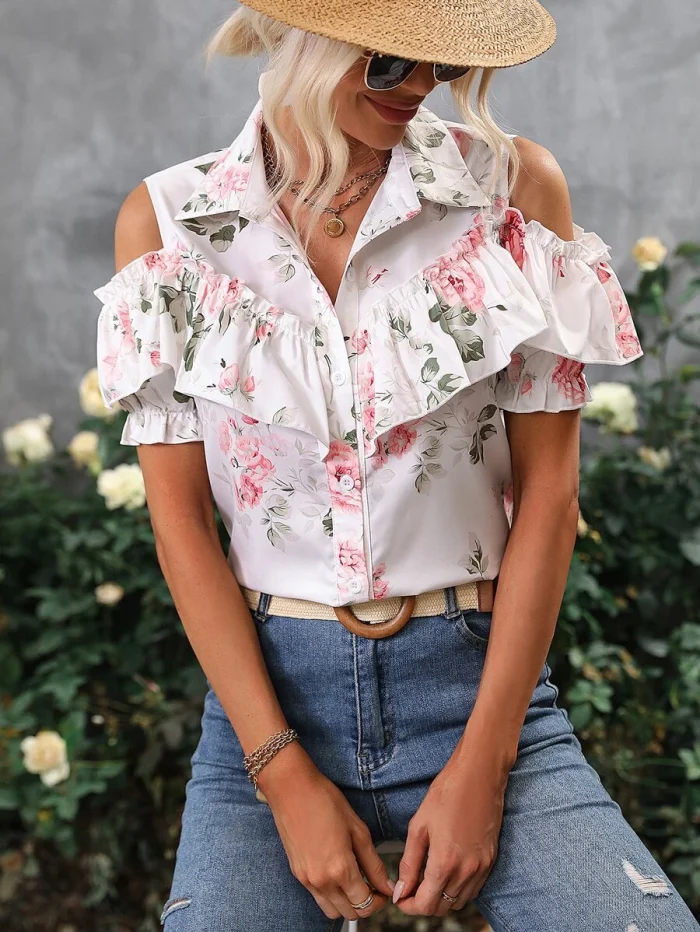 Floral Print Cold Shoulder Ruffle Trim Cold Shoulder Shirt - Image 2