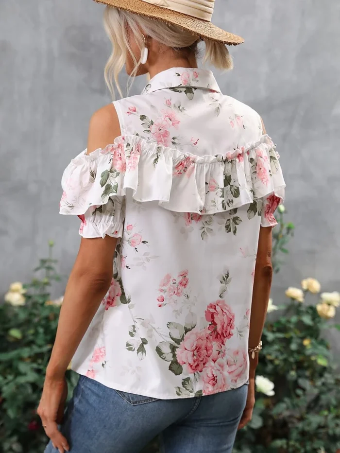 Floral Print Cold Shoulder Ruffle Trim Cold Shoulder Shirt - Image 3