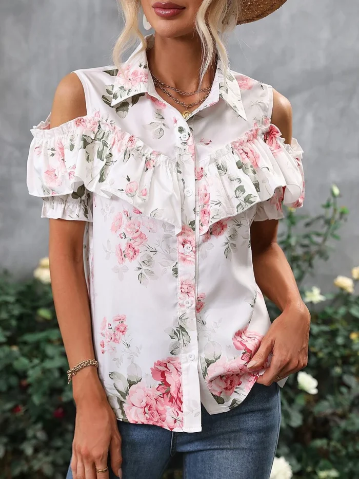 Floral Print Cold Shoulder Ruffle Trim Cold Shoulder Shirt - Image 4