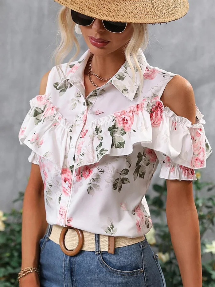 Floral Print Cold Shoulder Ruffle Trim Cold Shoulder Shirt - Image 5