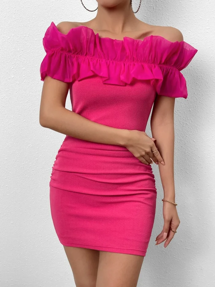 Off Shoulder Ruffle Trim Ruched Bodycon Dress - Image 5