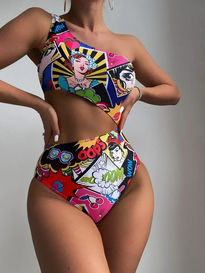 Random Pop Art Print Cut Out One Shoulder One Piece Swimsuit