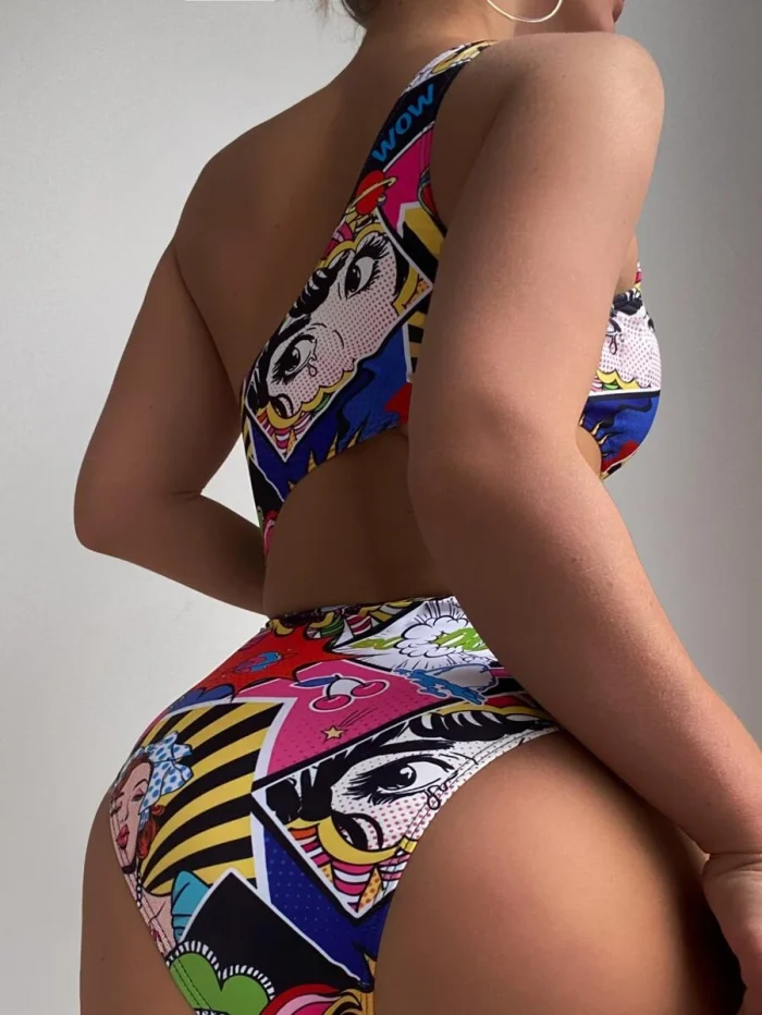Random Pop Art Print Cut Out One Shoulder One Piece Swimsuit - Image 2