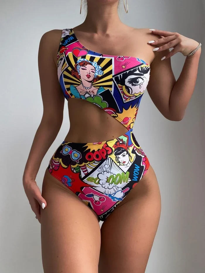 Random Pop Art Print Cut Out One Shoulder One Piece Swimsuit - Image 4