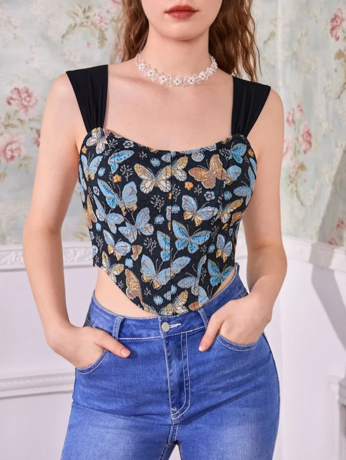 SHEIN MOD Butterfly Print Hanky Hem Crop Top