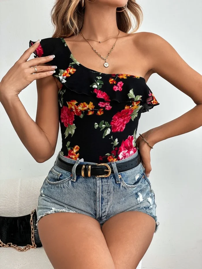 SHEIN Unity Floral Print One Shoulder Ruffle Trim Top