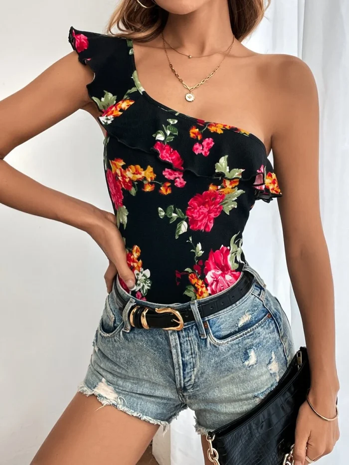 SHEIN Unity Floral Print One Shoulder Ruffle Trim Top - Image 3