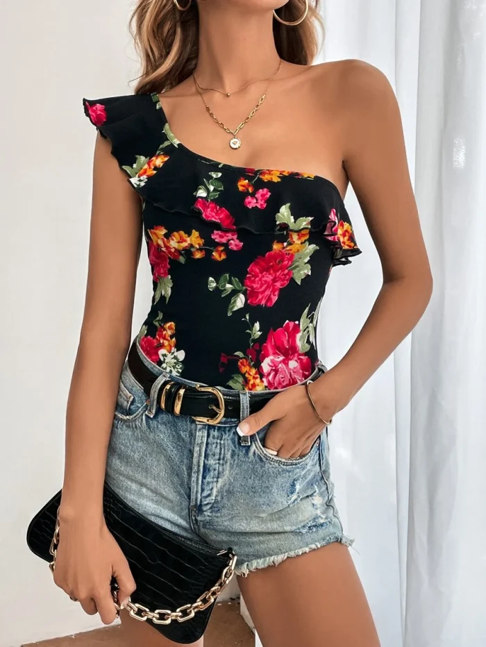 SHEIN Unity Floral Print One Shoulder Ruffle Trim Top - Image 4