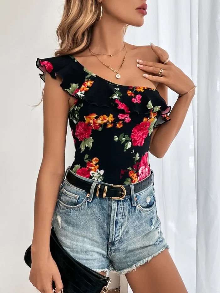 SHEIN Unity Floral Print One Shoulder Ruffle Trim Top - Image 5