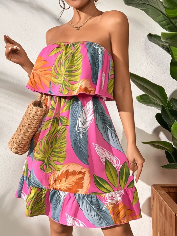 Tropical Print Ruffle Hem Tube Dress - Image 3
