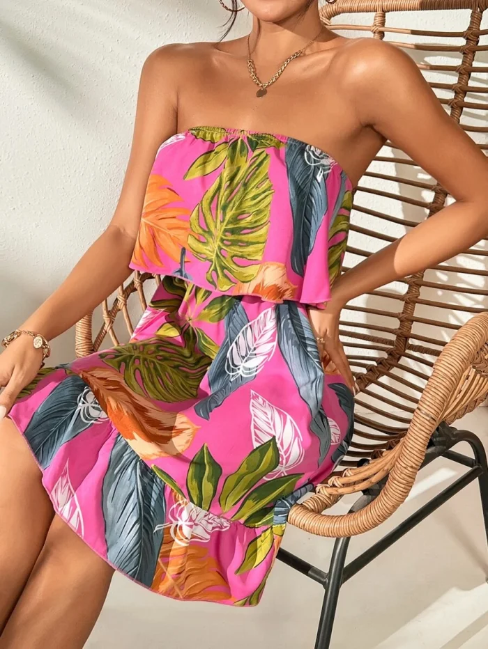 Tropical Print Ruffle Hem Tube Dress - Image 4