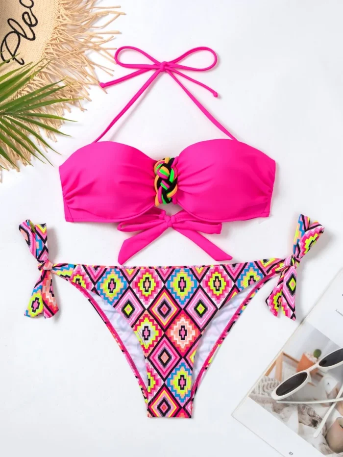 Geo Print Halter Tie Side Bikini Swimsuit - Image 3