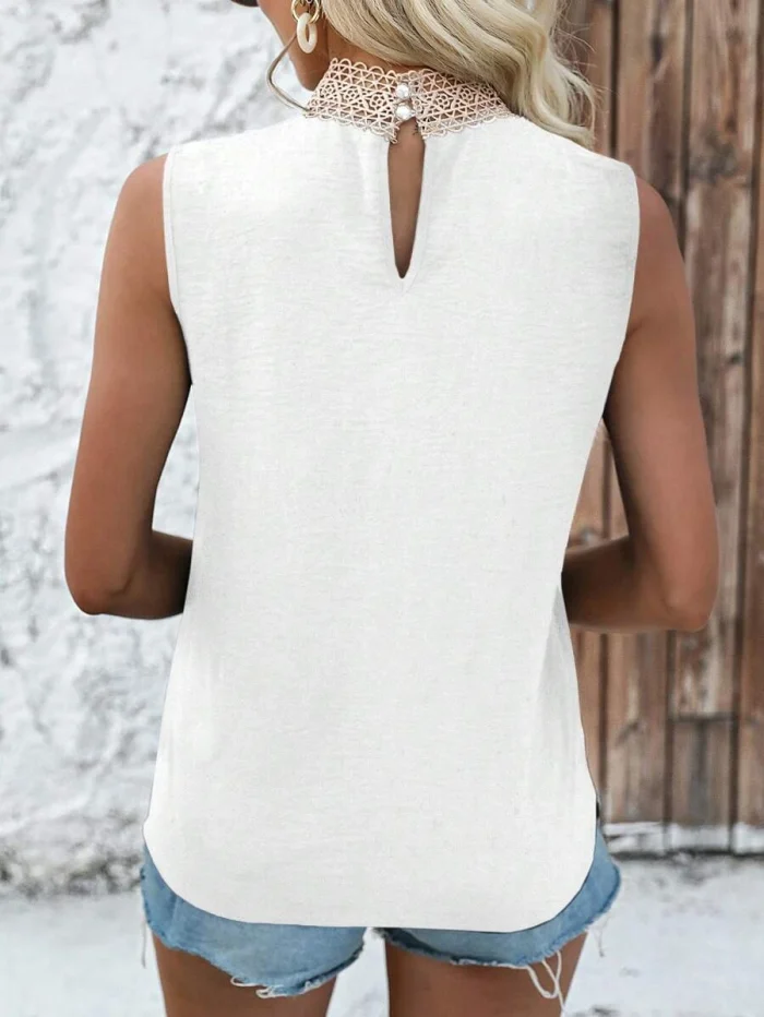 Guipure Lace Insert Mock Neck Sleeveless Blouse - Image 2