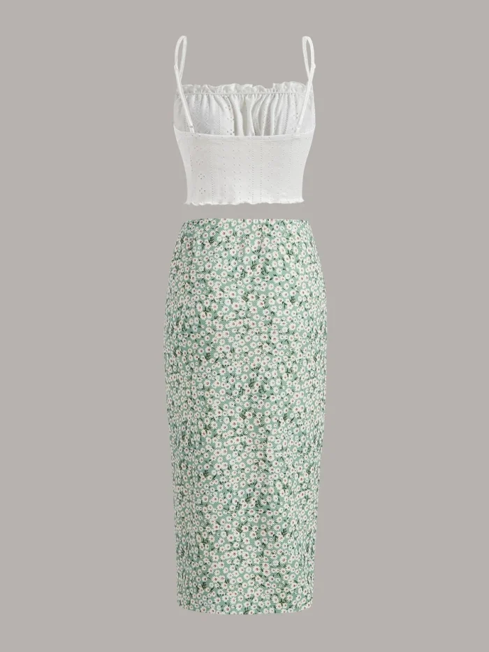 SHEIN EZwear Ruched Bust Cami Top & Ditsy Floral Split Thigh Skirt - Image 2