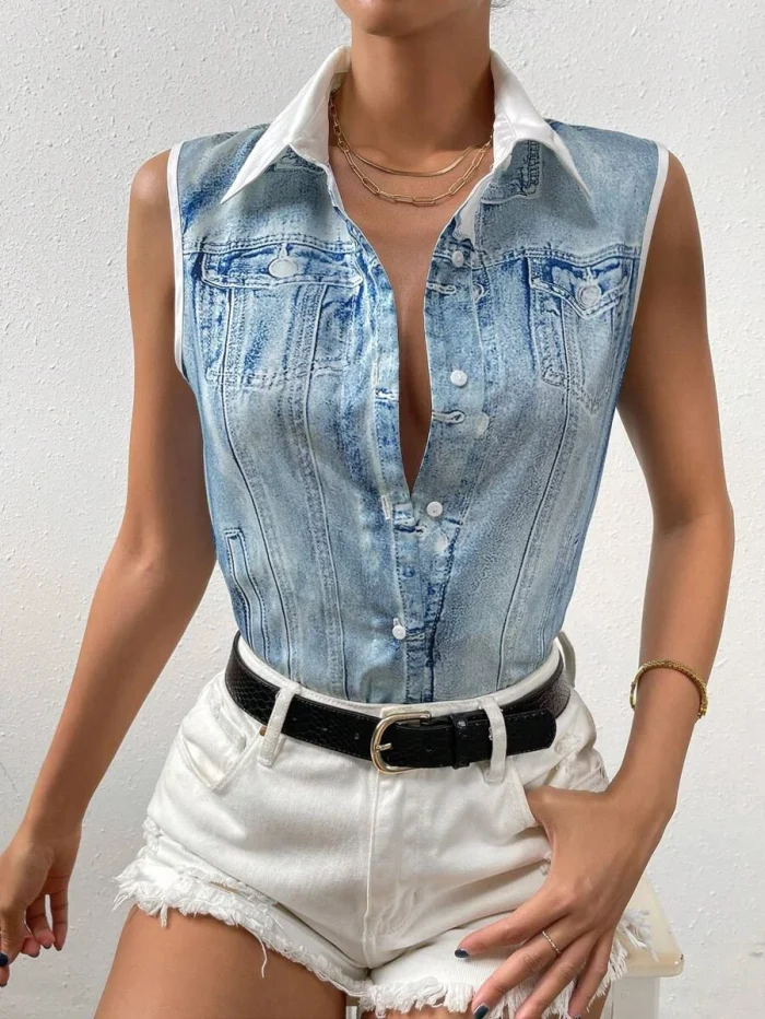 SHEIN Unity Contrast Collar Button Front Sleeveless Shirt