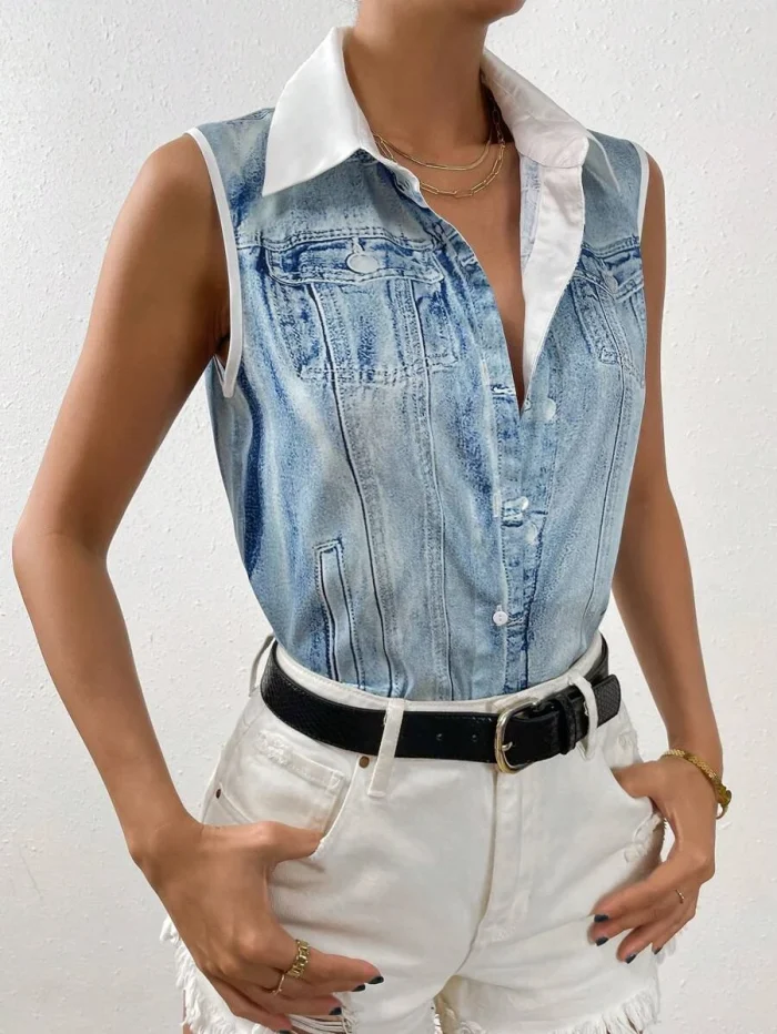 SHEIN Unity Contrast Collar Button Front Sleeveless Shirt - Image 4