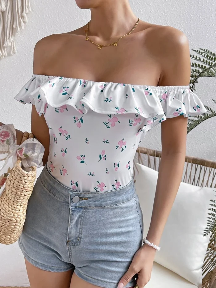 SHEIN VCAY Floral Print Ruffle Trim Tee - Image 3