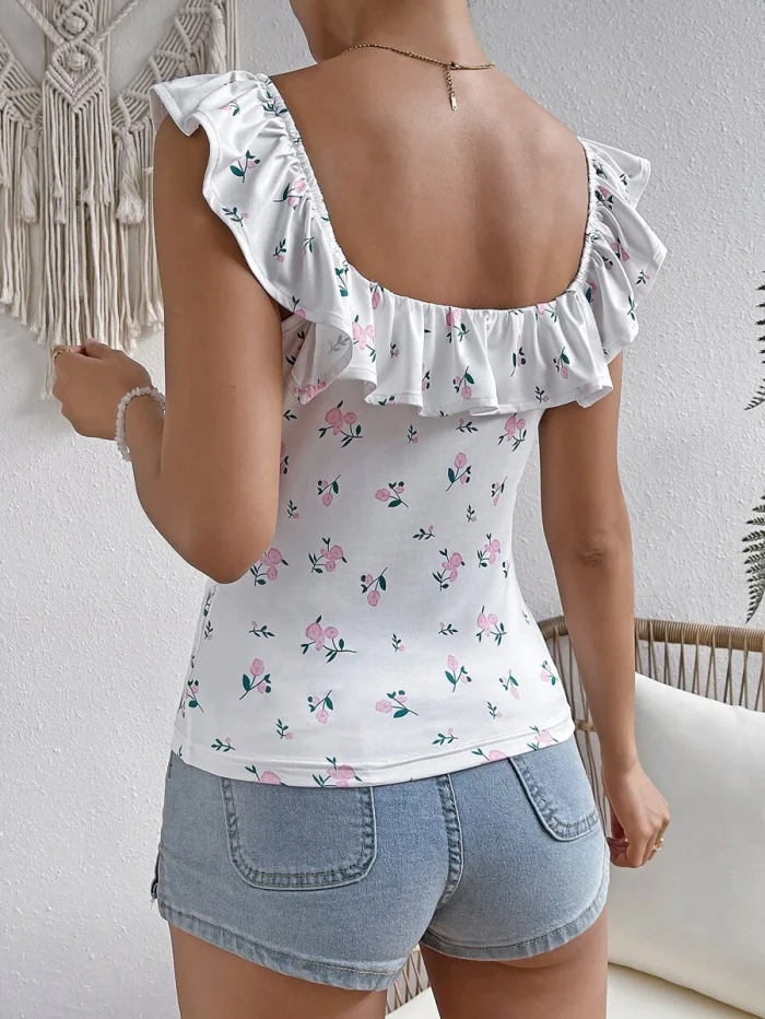 SHEIN VCAY Floral Print Ruffle Trim Tee - Image 5