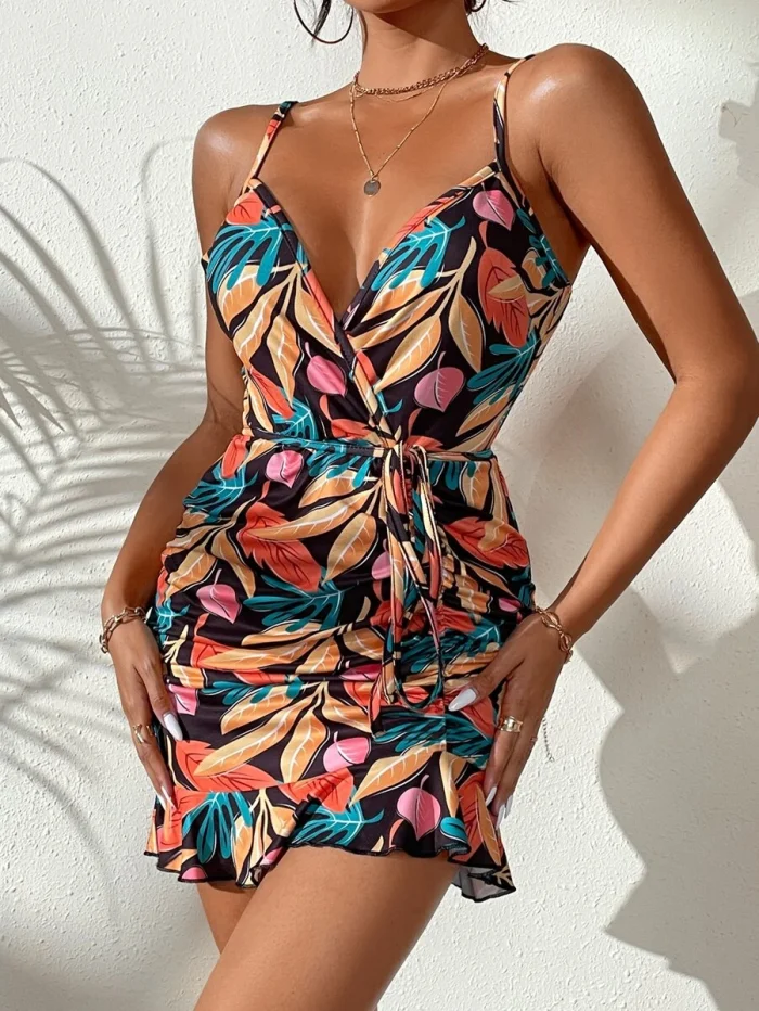 SHEIN VCAY Tropical Print Belted Ruched Ruffle Hem Cami Dress - Image 5