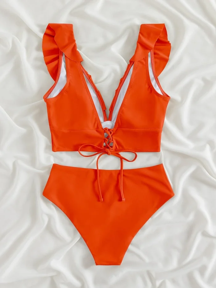Solid Bikini Set Ruffle Trim Lace-up Back Top & High Waisted Bottom 2 Piece Swimsuit - Image 2