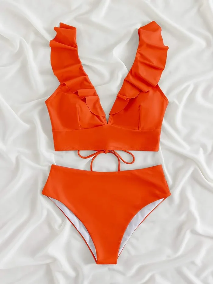 Solid Bikini Set Ruffle Trim Lace-up Back Top & High Waisted Bottom 2 Piece Swimsuit - Image 3