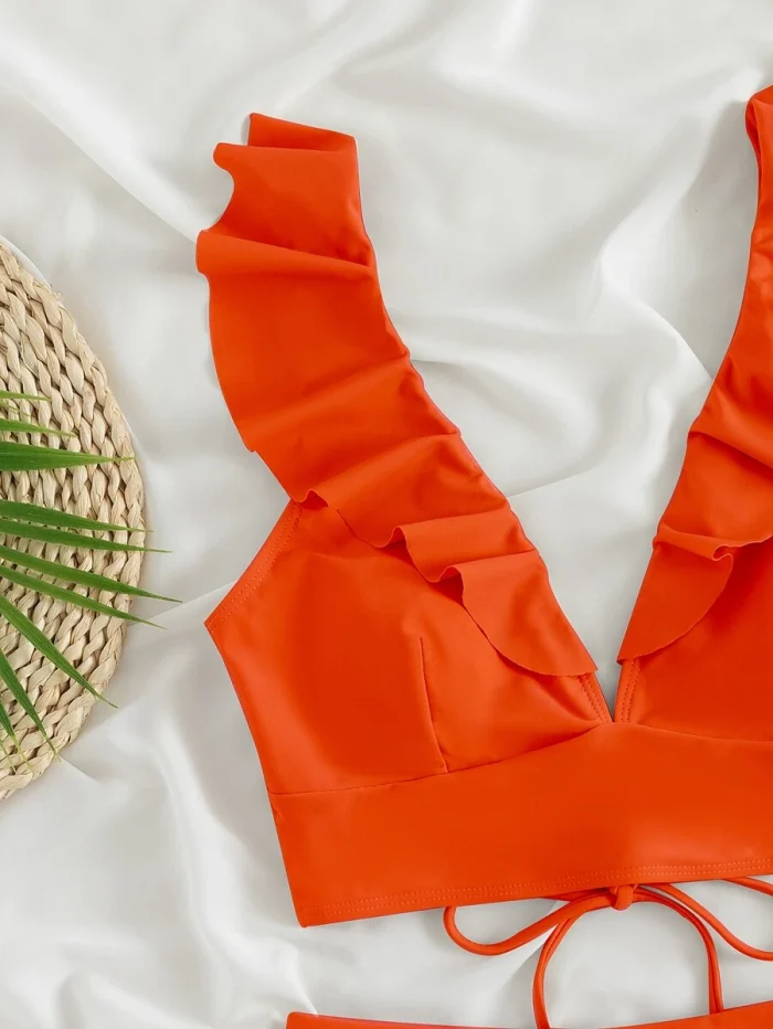 Solid Bikini Set Ruffle Trim Lace-up Back Top & High Waisted Bottom 2 Piece Swimsuit - Image 5