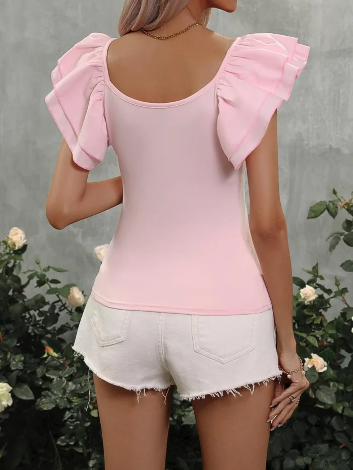 Solid Ruffle Trim Tee - Image 2